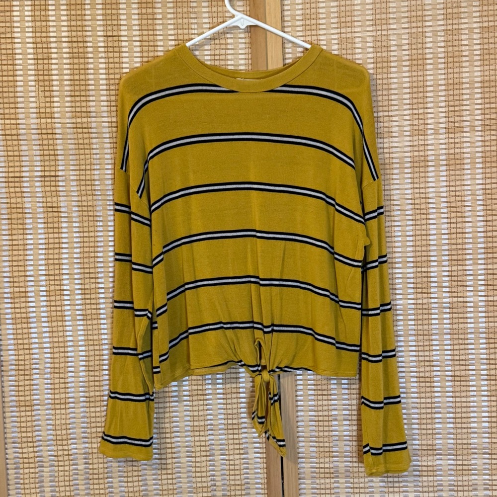 Kirious Womens Mustard Yellow Striped Front Tie Long Sleeve Top Size Large